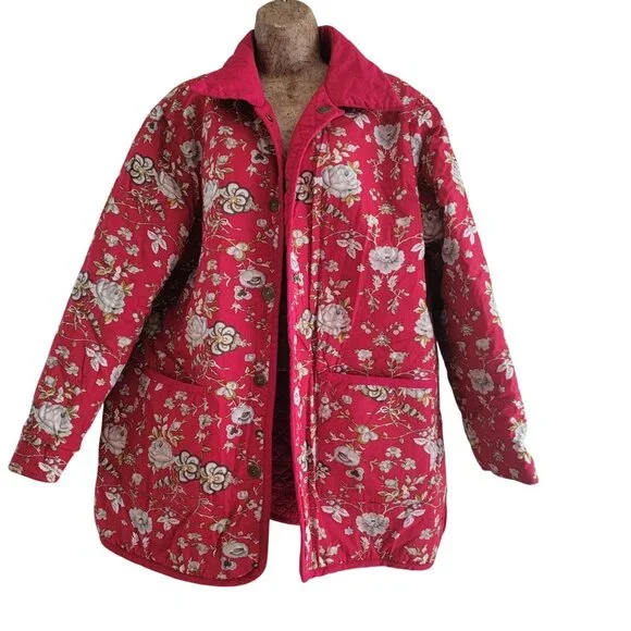 Denim & Co Reversible Quilted Jacket With Floral Print & Solid Red Design Button - Picture 3 of 16